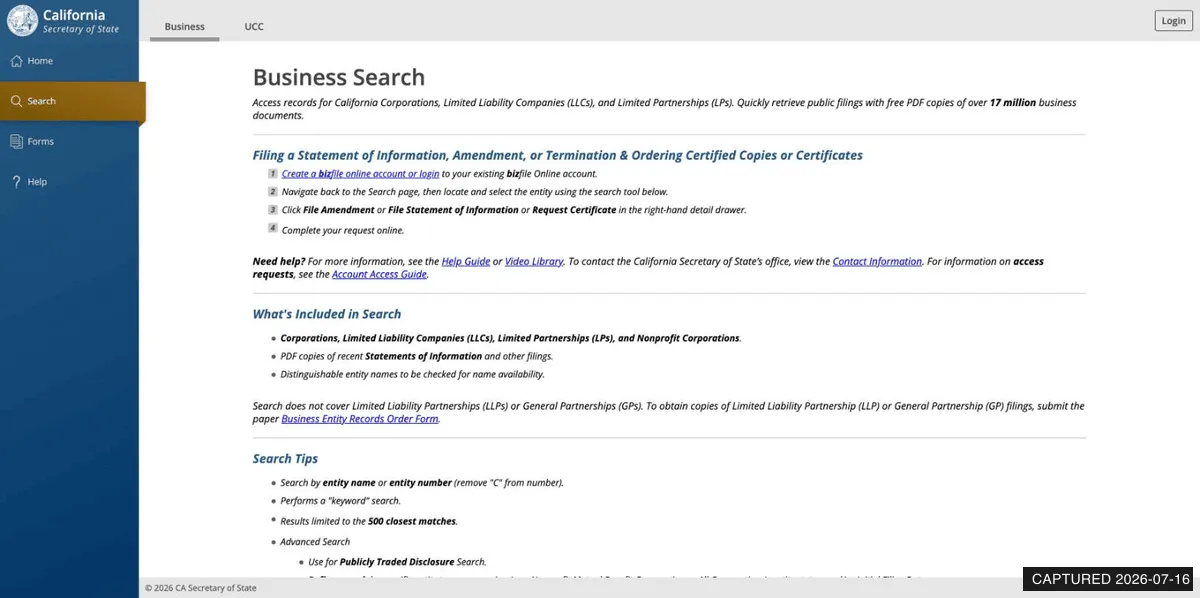 California bizfileOnline Business Search page describing entity name search coverage and search tips