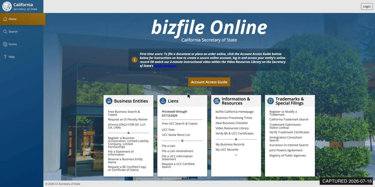 California bizfileOnline homepage showing Business Entities panel with Register a Business option and an Account Access Guide note for first-time users