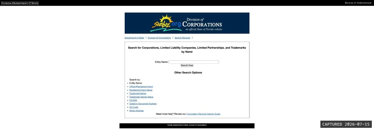 Florida Sunbiz search page for corporations and LLCs by name with an entity name field and other search options