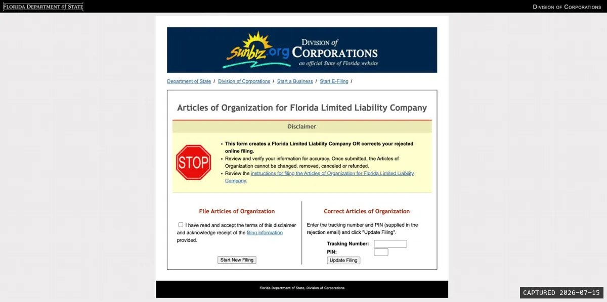 Sunbiz e-filing start screen for Florida LLC Articles of Organization with disclaimer checkbox and Start New Filing button