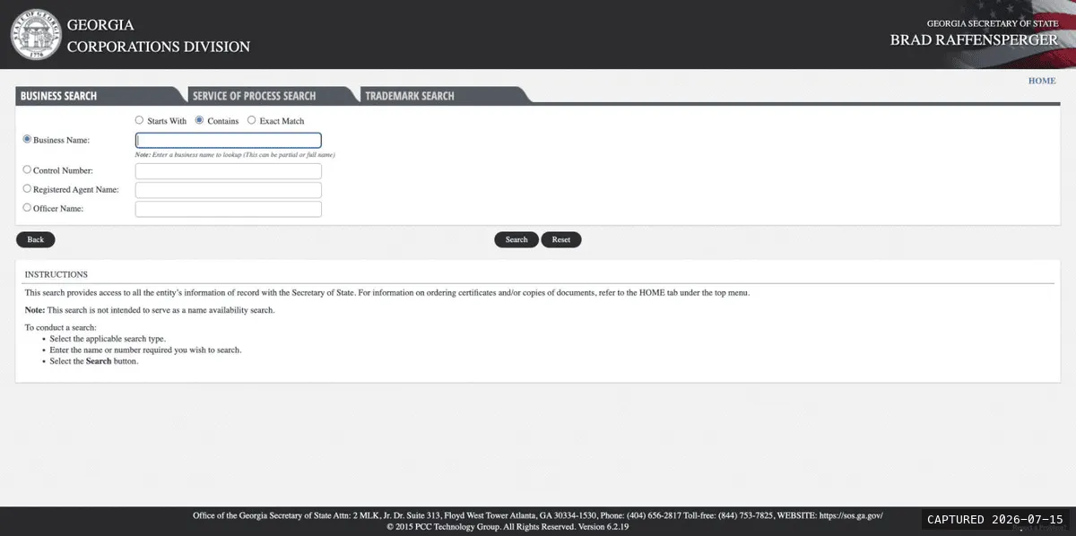 Georgia eCorp business search page with business name, control number, registered agent, and officer name fields