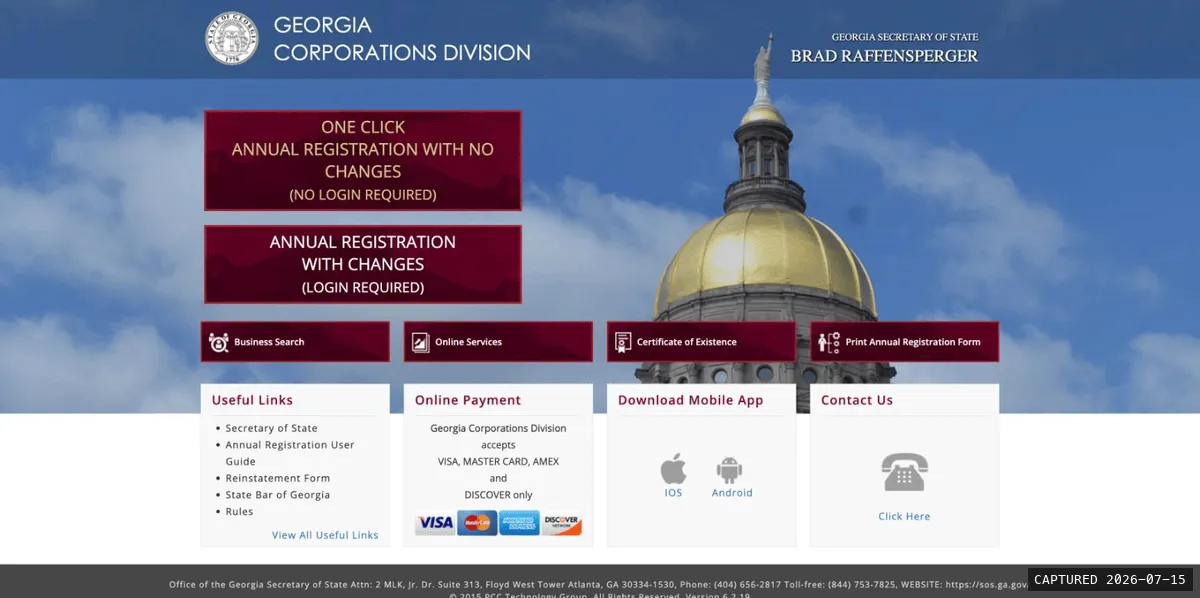 Georgia eCorp home page with Online Services and Business Search buttons and annual registration options