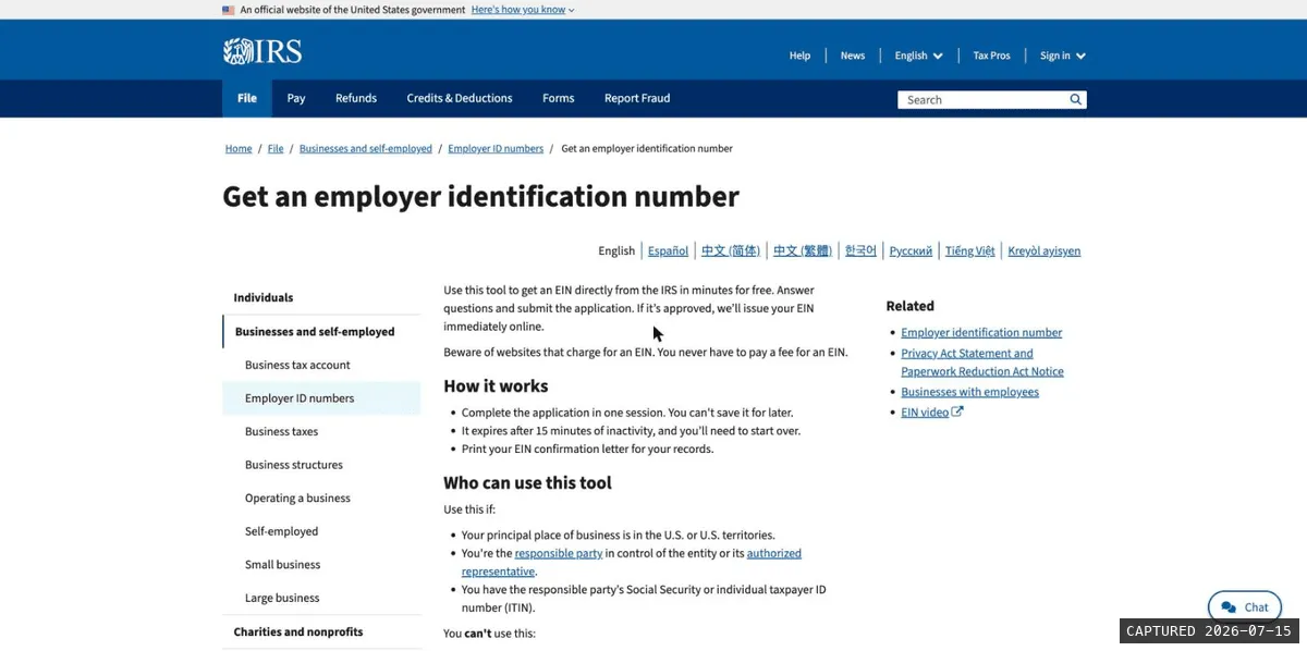 IRS page titled Get an employer identification number describing the free online EIN tool and warning against sites that charge