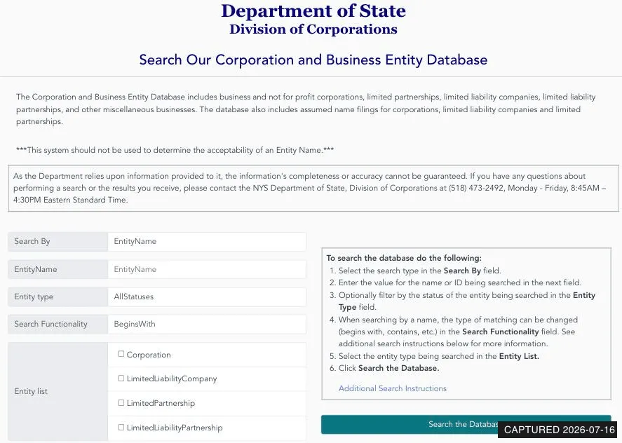 New York Department of State Corporation and Business Entity Database search form with EntityName and search type fields