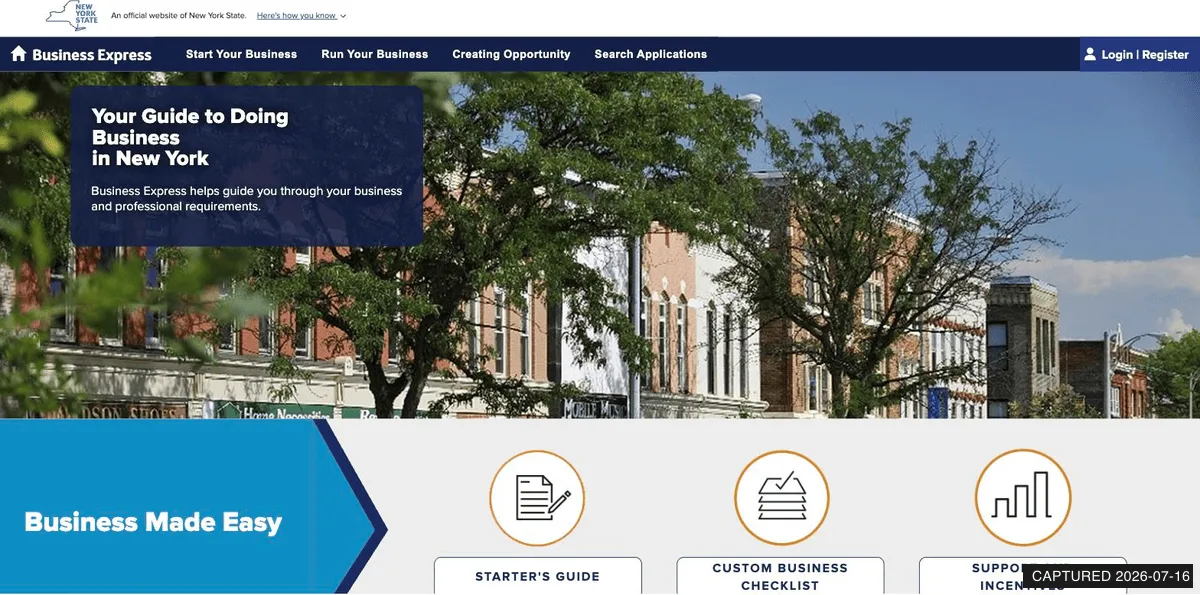 NY Business Express homepage with Login and Register links and Start Your Business navigation