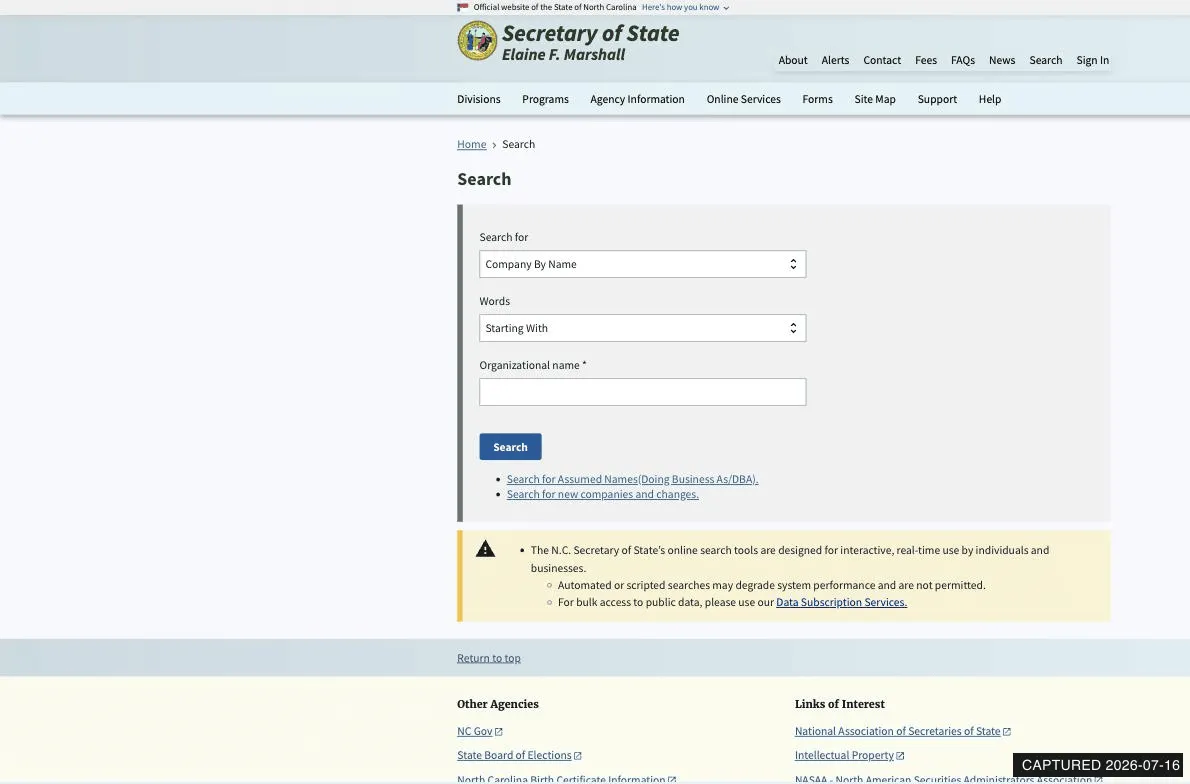 North Carolina Secretary of State Search page with Company By Name search type and Organizational name field