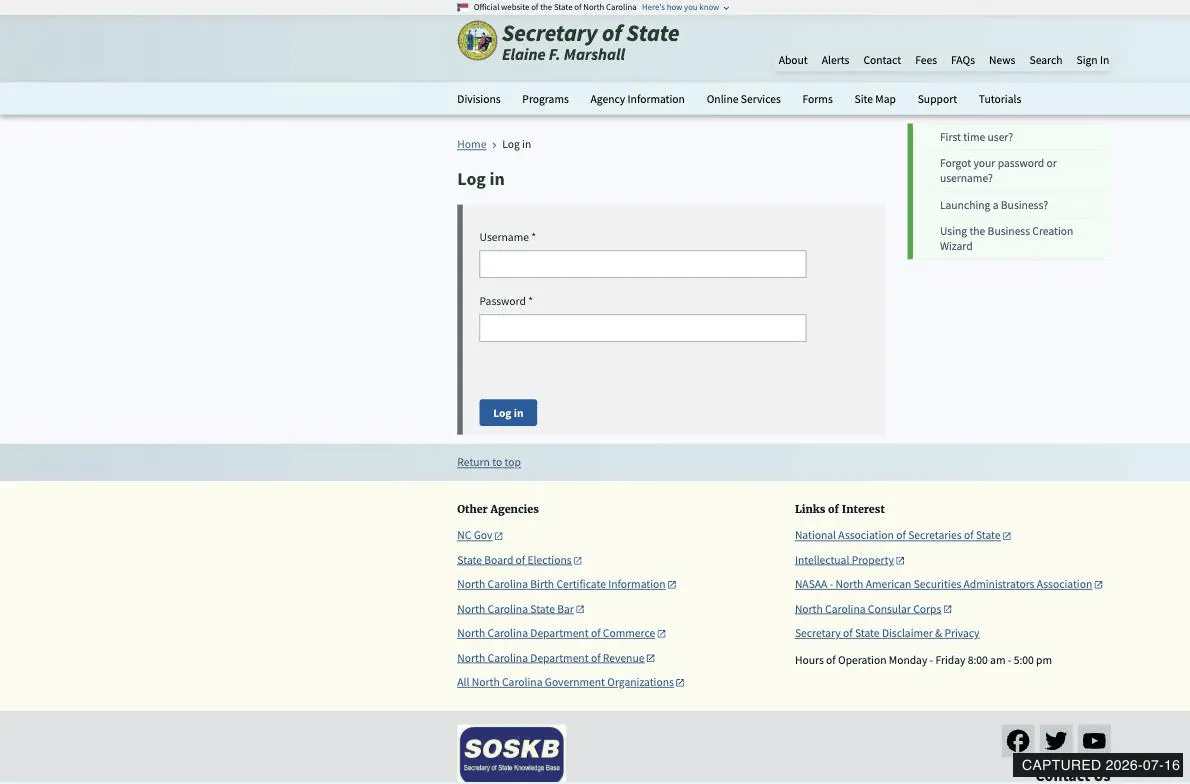 sosnc.gov Log in screen with Username and Password fields reached from Register Your New Business