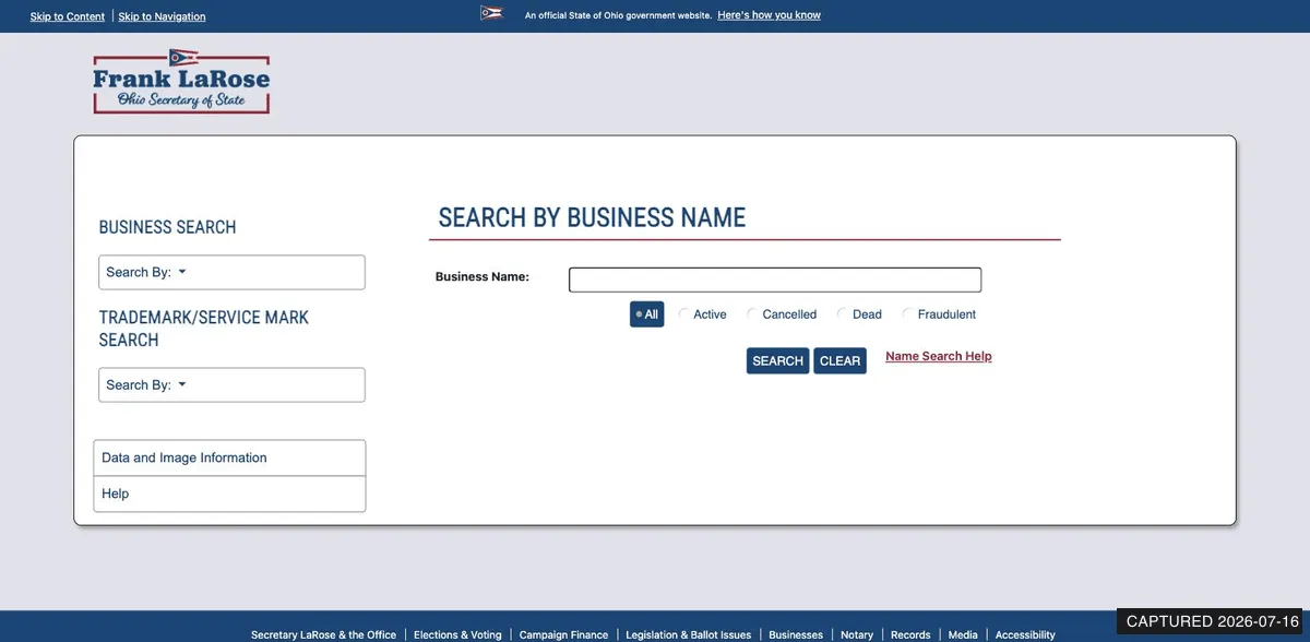 Ohio Secretary of State Search By Business Name page with Business Name field and status filters