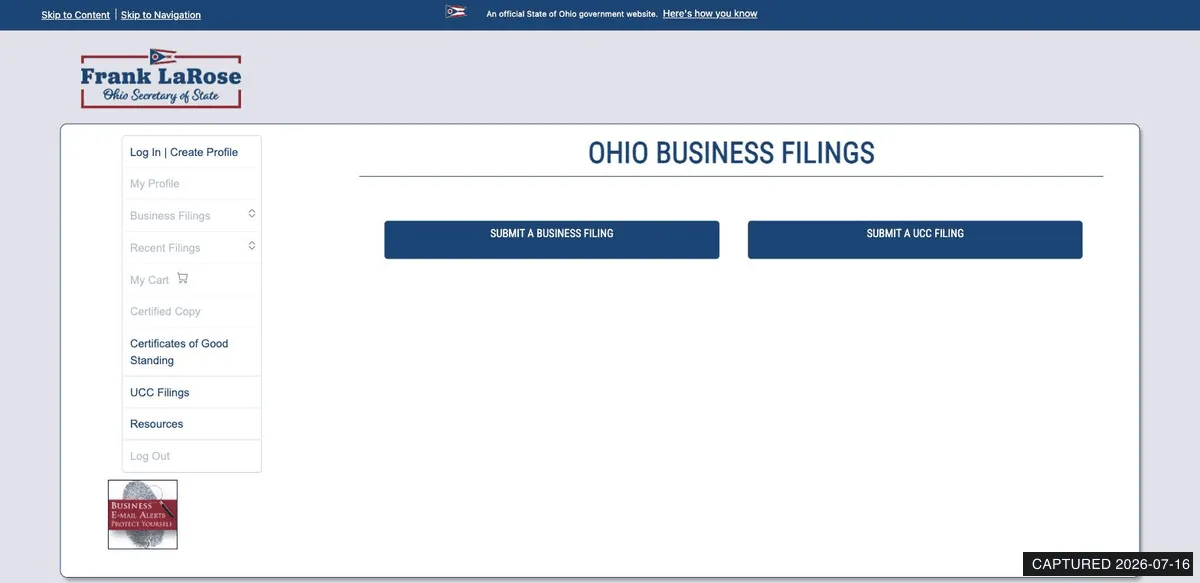 Ohio Business Central filings portal with Submit a Business Filing button and Log In or Create Profile sidebar link