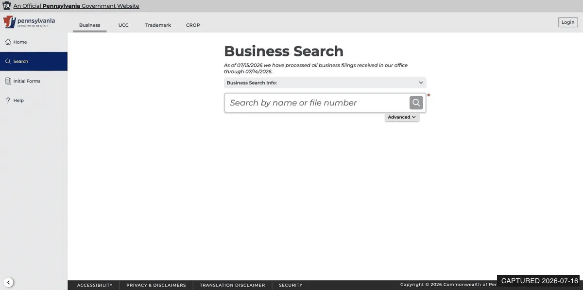 Pennsylvania Business Filing Services Business Search page with search by name or file number field
