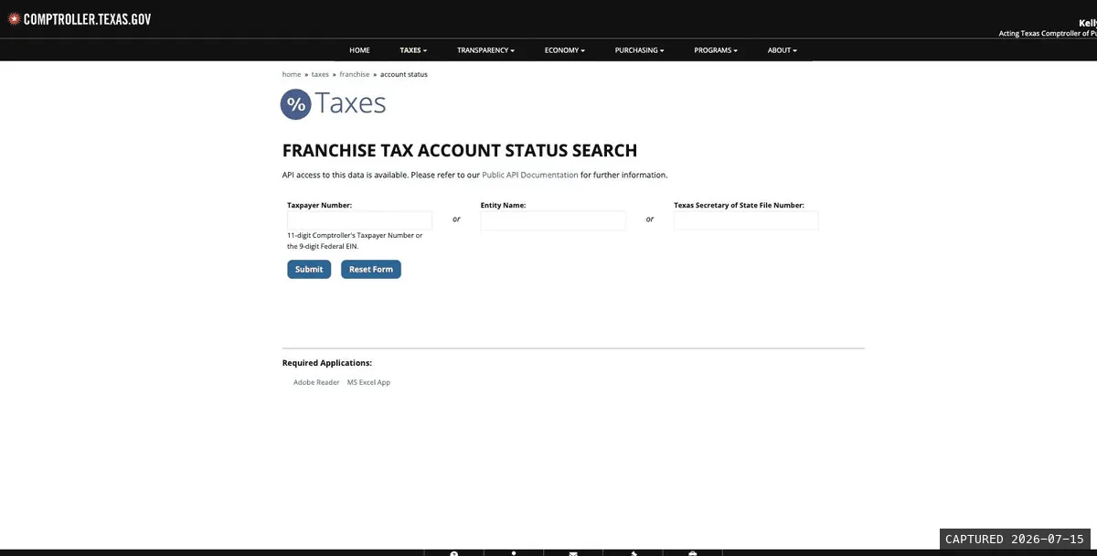 Texas Comptroller Franchise Tax Account Status Search page with Taxpayer Number, Entity Name, and SOS File Number fields