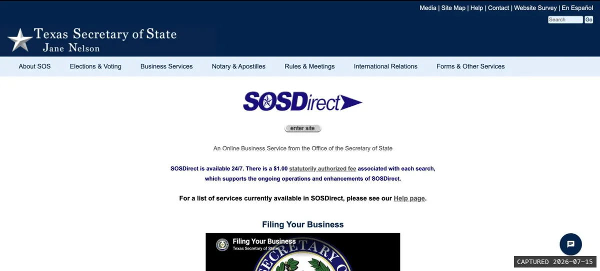 Texas SOSDirect landing page with enter site button and the notice of a $1.00 statutorily authorized fee per search